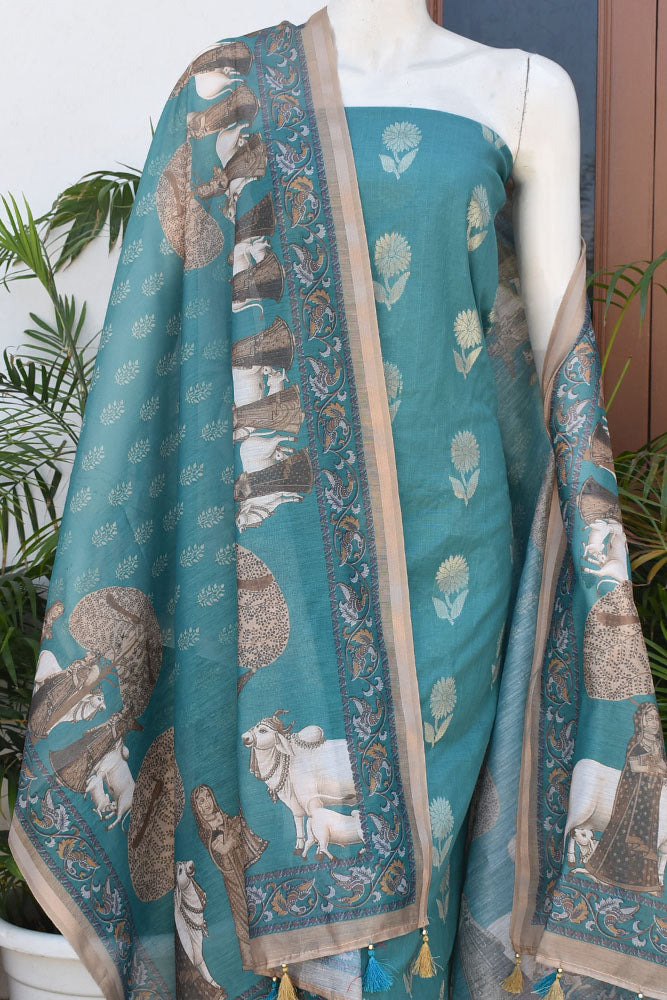 Beautiful Silk cotton Suit with Miniature Art Digital print dupatta