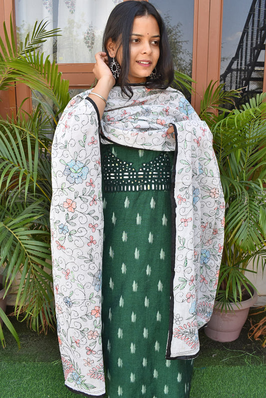 Handwoven Ikkat Cotton Kurta fabric with Kutch Mirror work & Hand Kantha work Mul Cotton dupatta