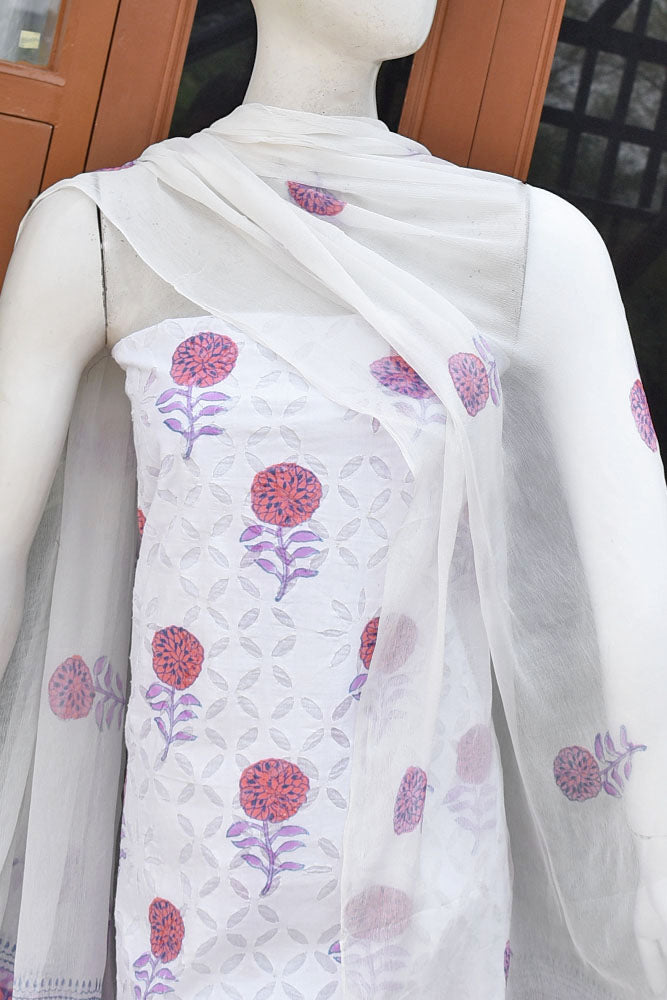Hand Block Printed Cotton Suit with Hand applique work & chiffon dupatta