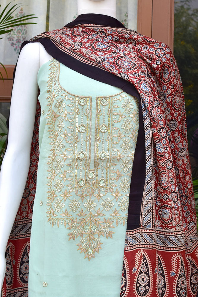 Exquisite Hand Embroidered Chanderi Kurta fabric & Ajrakh Dupatta with Zari patta & Tassels