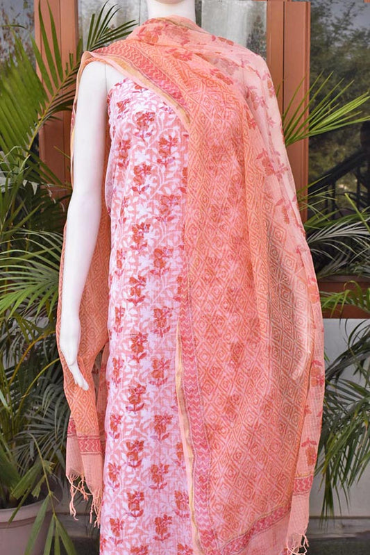 Elegant Sanganer Hand Block Printed Kota cotton Unstitched suit with Cotton Lining & bottom - 4 pc set