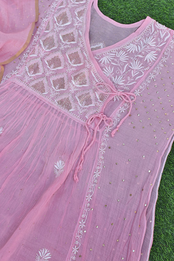 Elegant Mul chanderi silk Semi stitched Angarkha & dupatta set with Chikankari & Muqaish work