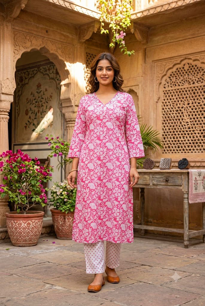 Designer Hand Block Printed cotton Kurta With Mirror Work - Size 40 to 46 ( all sizes)