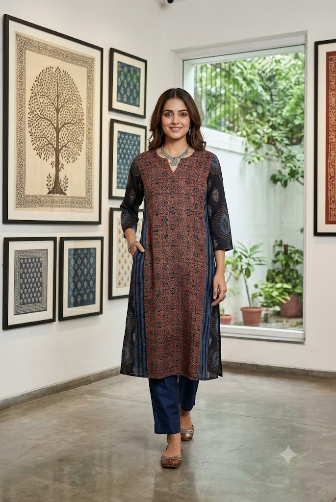 Beautiful Hand Block Printed Ajrakh Modal Silk Kurta, Size 38  to 44