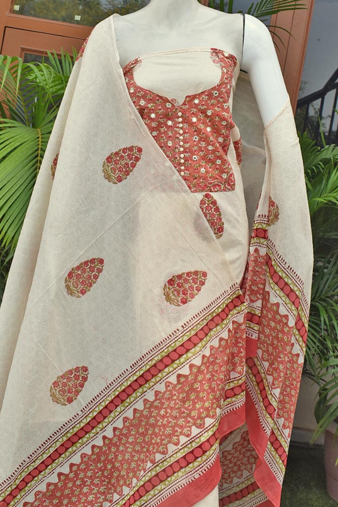 Beautiful Cotton Unstitched Suit Fabric with Embroidery, sequin & mirror work & Mul cotton dupatta
