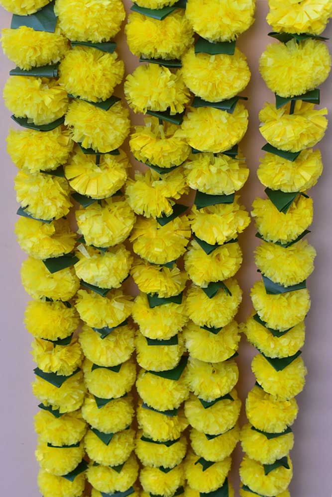 Pack of 5 - Artificial Marigold Flower Garland strings - 4.5 ft + (Yellow& green leaves)