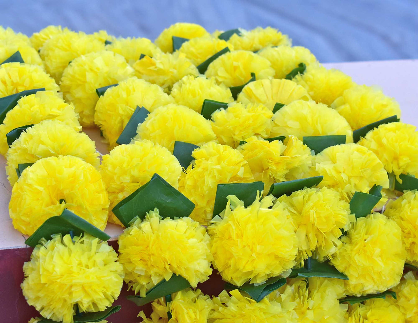 Pack of 5 - Artificial Marigold Flower Garland strings - 4.5 ft + (Yellow& green leaves)