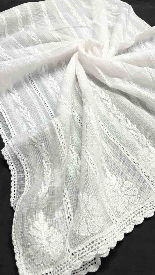 Handcrafted Kota Cotton Dupatta with heavy Chikankari embroidery & crochet borders - base white color - Dyeable