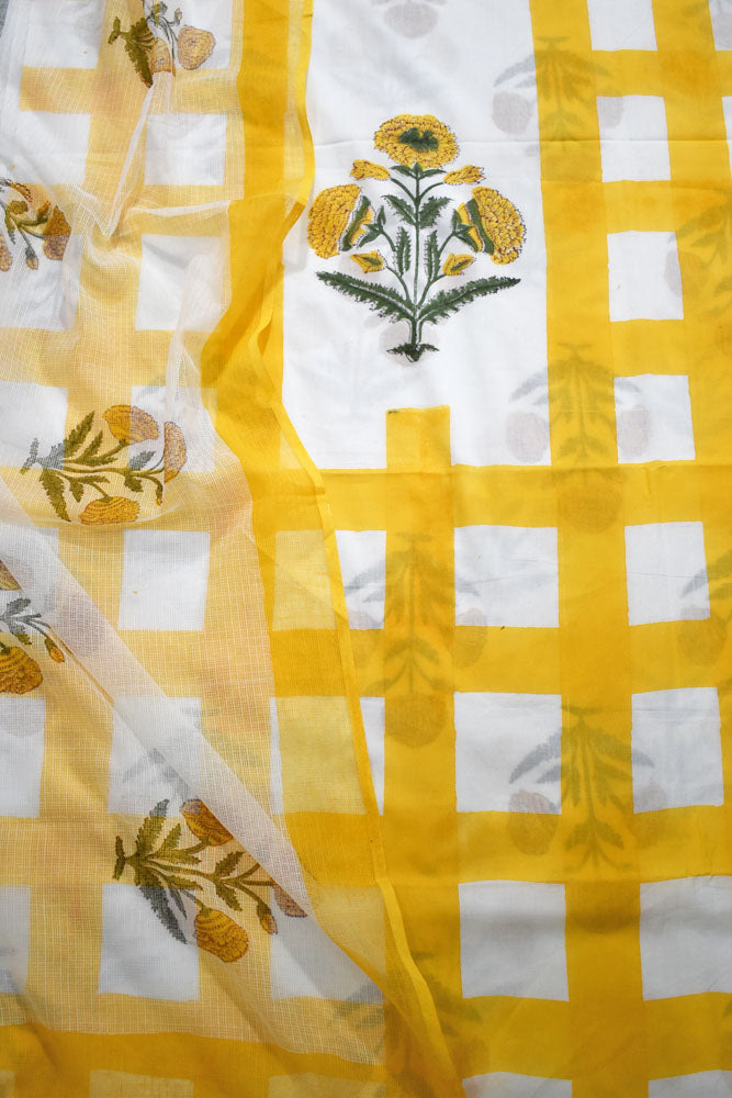 Designer Hand Block Print Cotton suit with Kota dupatta