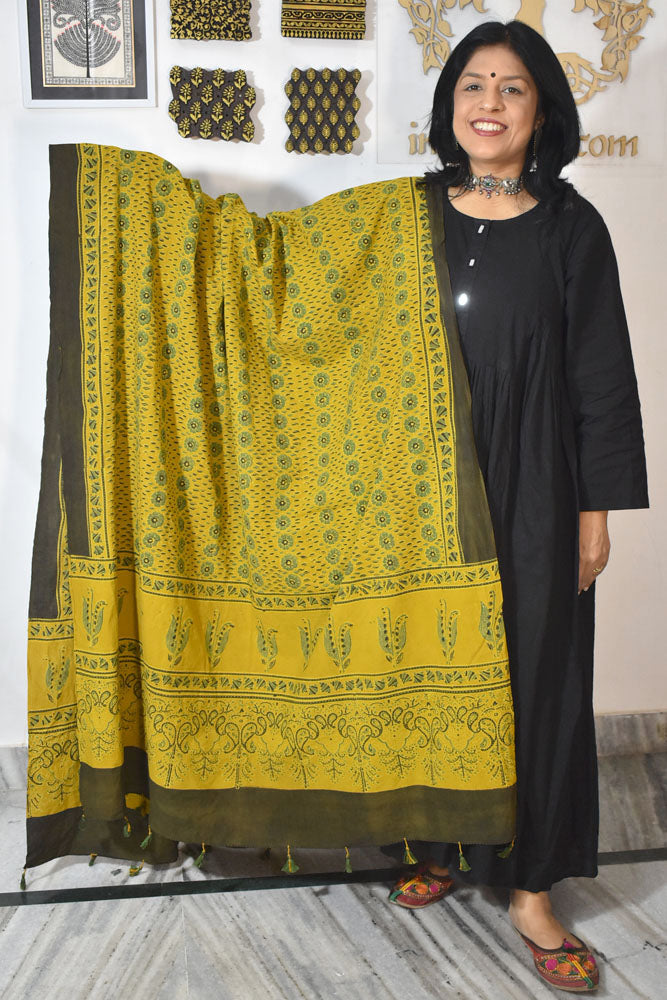 Ajrakh Hand Block Printed Cotton Dupatta with Tassels & natural dyes