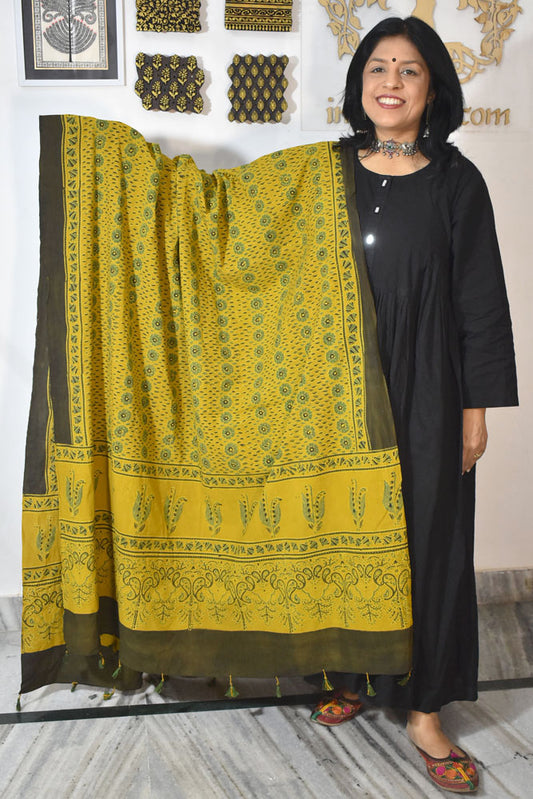 Ajrakh Hand Block Printed Cotton Dupatta with Tassels & natural dyes