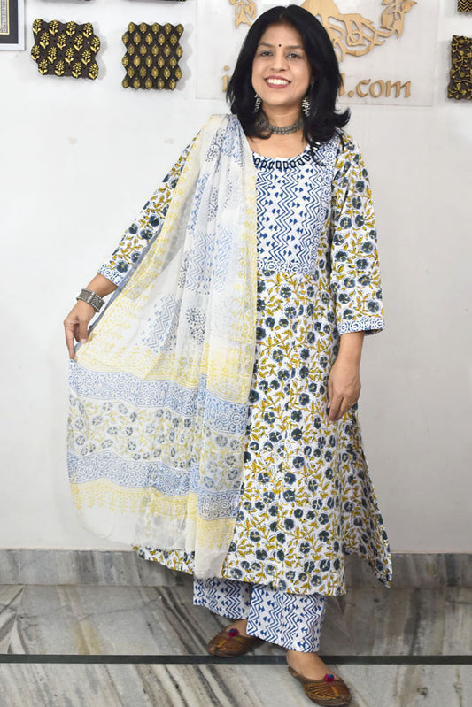 Hand Block Printed stitched 3 pc Cotton suit with Kutch Mirror Work Size  - 40