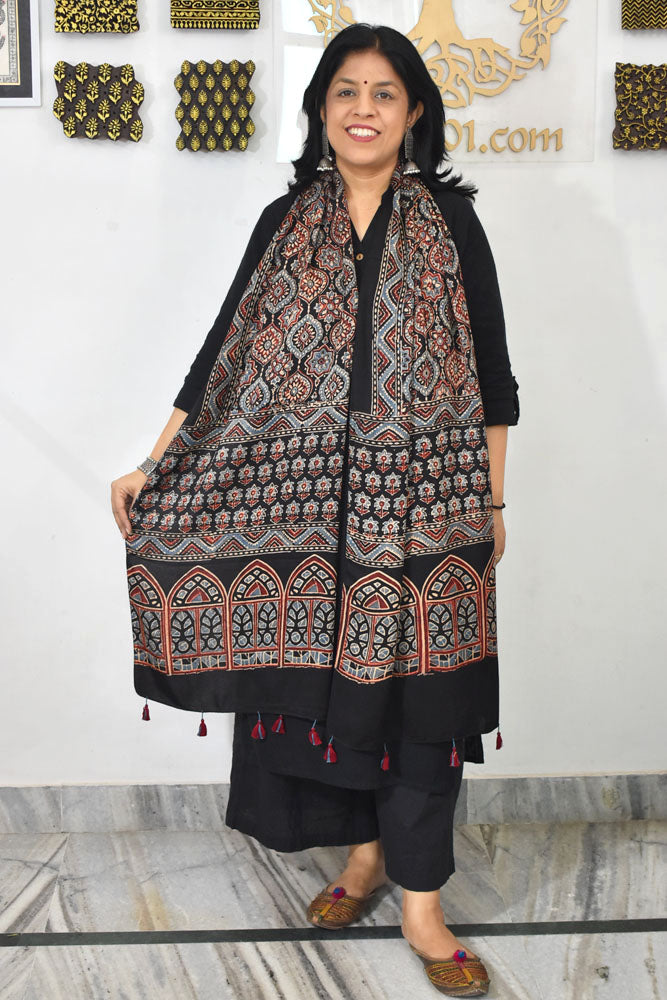 Beautiful Hand Block Printed Ajrakh Modal Silk stole with Tassels