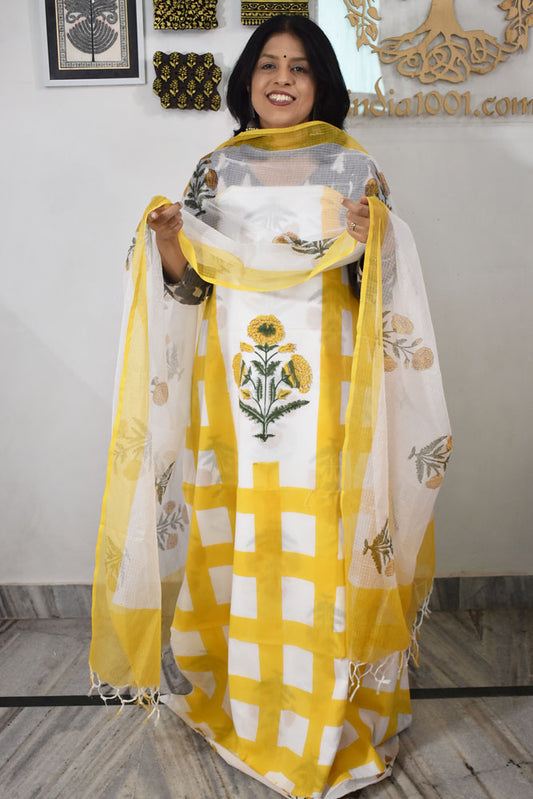 Designer Hand Block Print Cotton suit with Kota dupatta