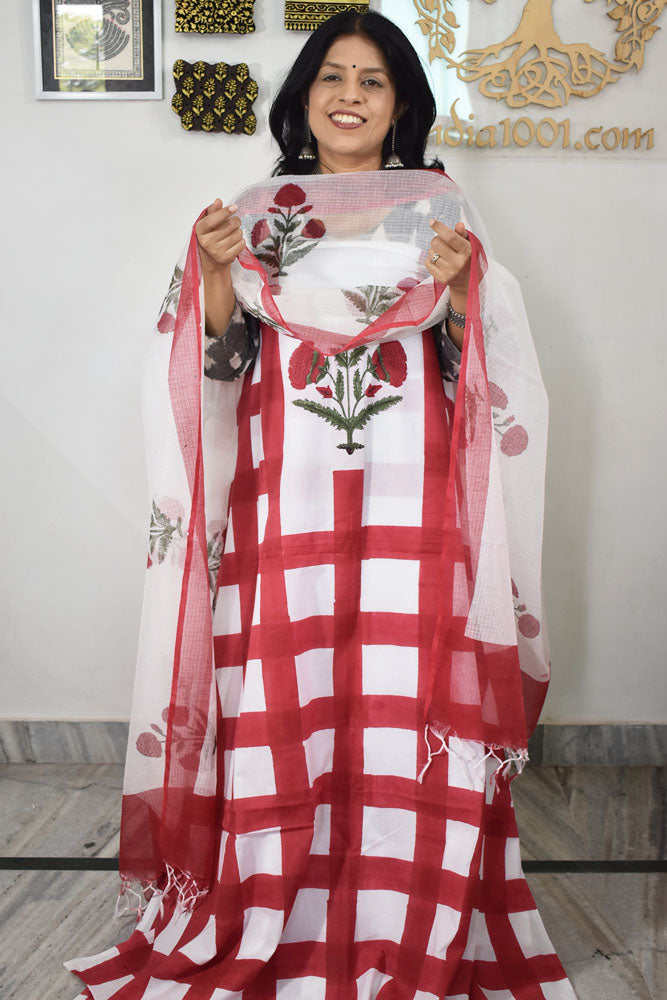 Designer Hand Block Print Cotton suit with Kota dupatta