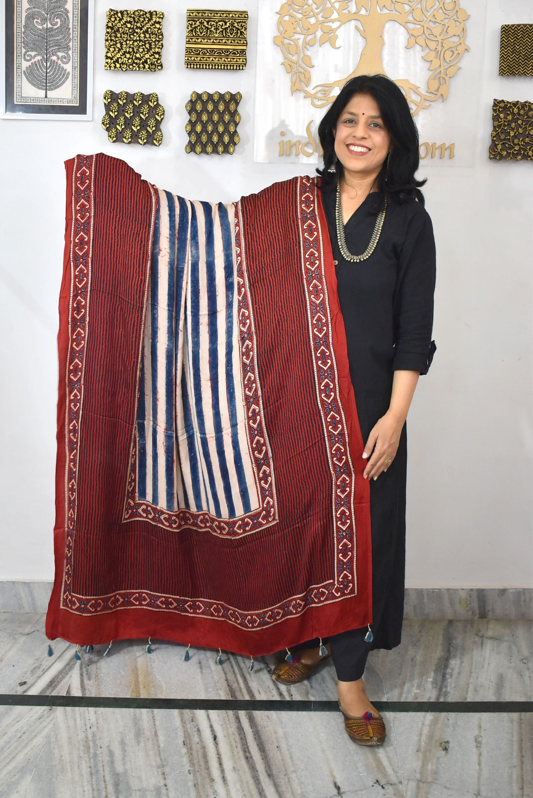 Designer Modal Silk Ajrakh Block Print Dupatta with tassels