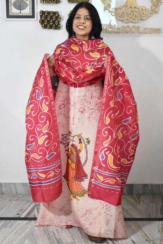Elegant Handwoven Maheshwari silkcotton kurta fabric & dupatta set with  Wax Batik work