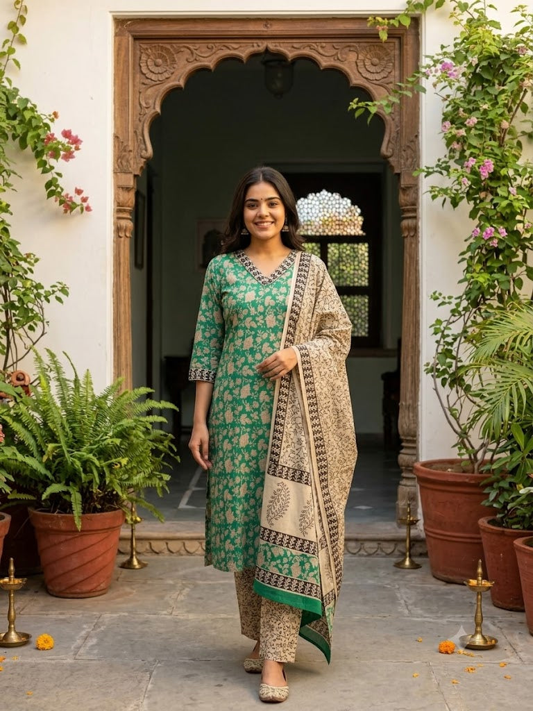 Hand Block Printed Cotton suit with Hand Embroidery - Kurta , Cotton Dupatta & Pant - size 38, 40, 42, 44, 46