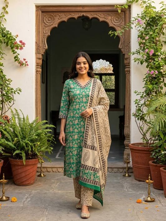 Hand Block Printed Cotton suit with Hand Embroidery - Kurta , Cotton Dupatta & Pant - size 38, 40, 42, 44, 46