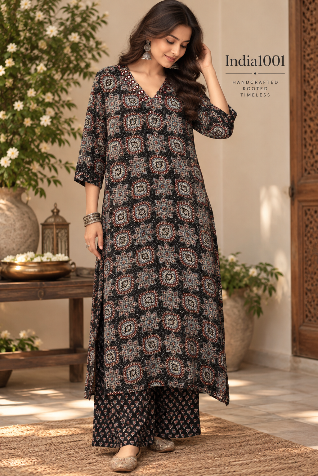 Designer Ajrakh Modal Silk Kurta & Pant With Mirror Work - Size 40 to 46 ( all sizes)