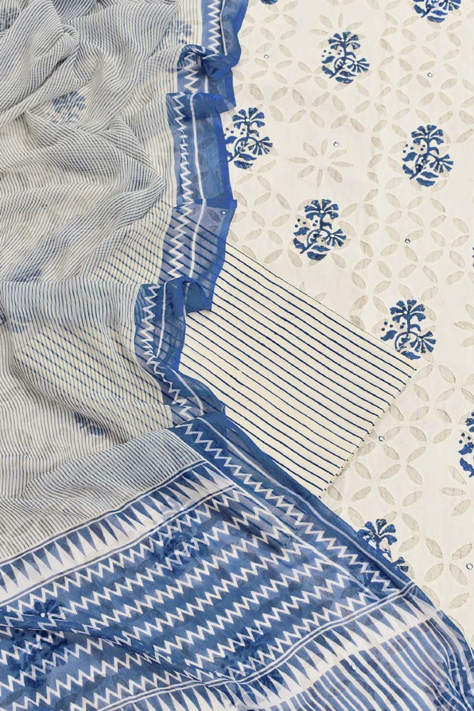 Hand Block Printed Cotton Suit with Hand Applique work & Striped dupatta & Bottom