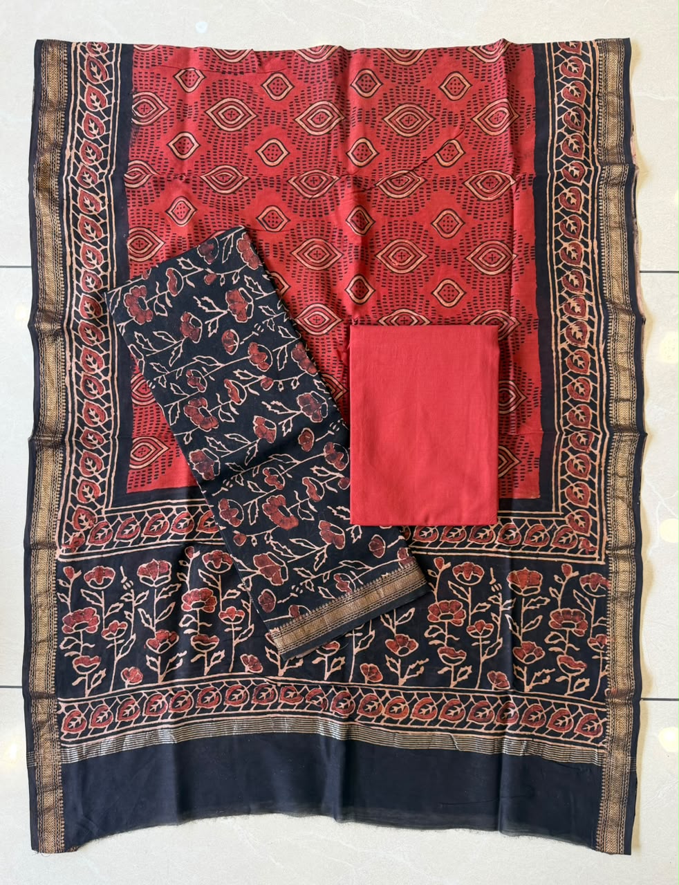 Beautiful Hand Block Printed  Maheshwari Silk Cotton Unstitched suit fabric - 3 pc set