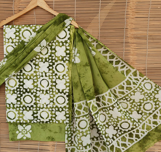 Beautiful Hand Block Printed Cotton unstitched suit fabric with Mul cotton Dupatta