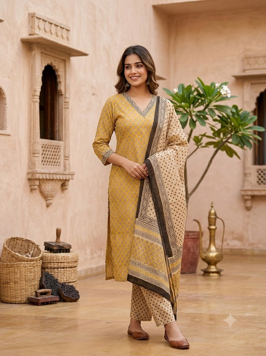 Hand Block Printed Cotton suit with Hand Embroidery - Kurta , Cotton Dupatta & Pant - size 38, 40, 42, 44, 46