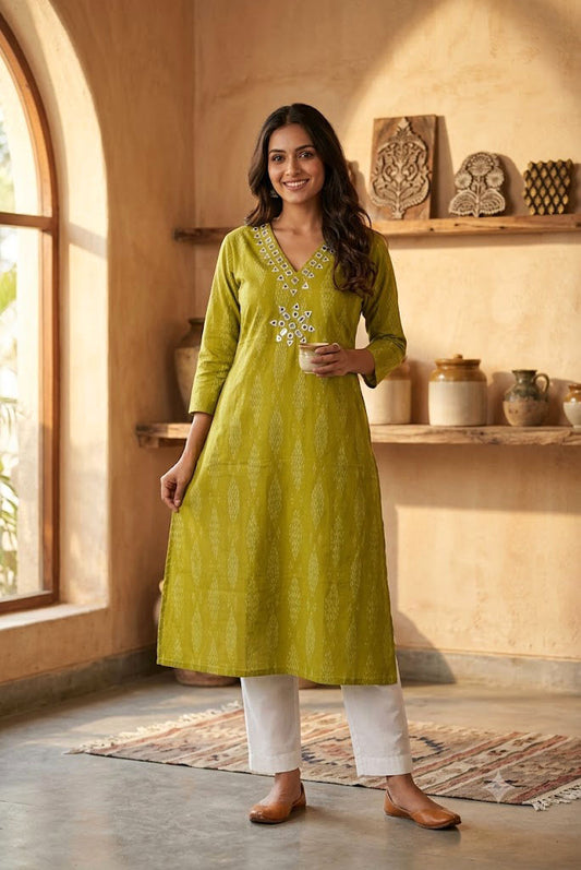 Designer Handwoven Ikkat pure cotton Kurta With Kutch Mirror Work - Size 40 to 46 ( all sizes)