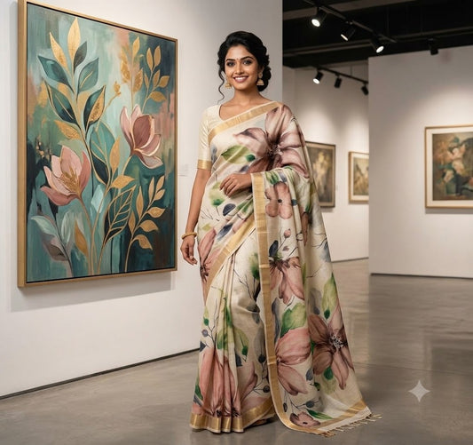 Beautiful Hand Painted Tussar Silk Saree
