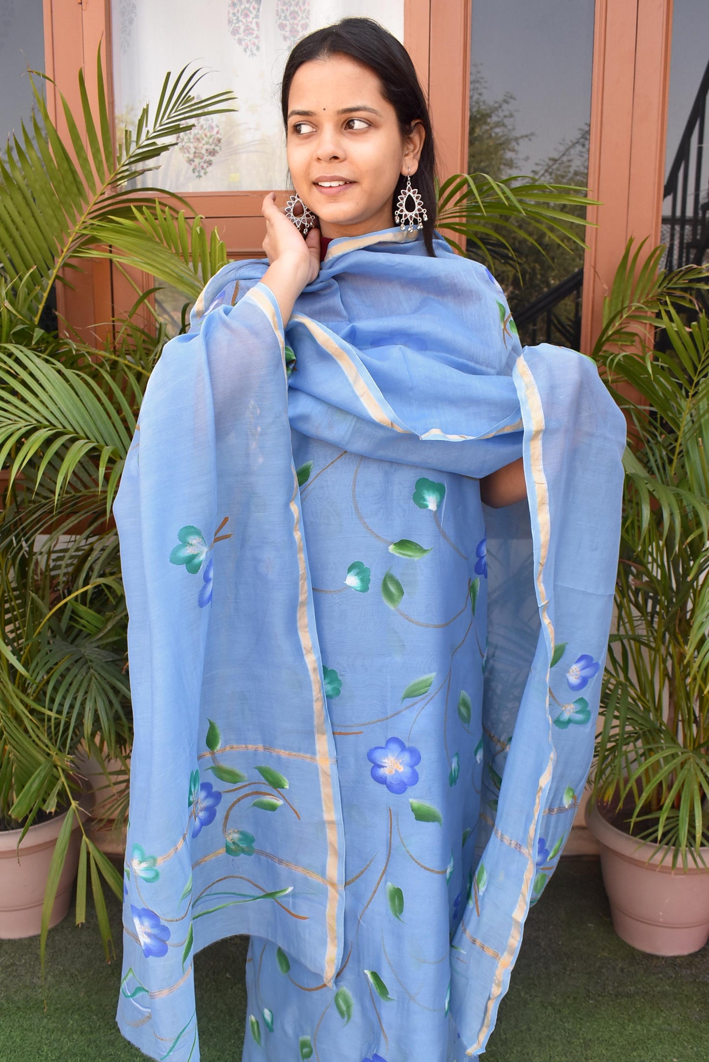 Elegant Hand Painted Chanderi Unstitched Suit - 3 pc set