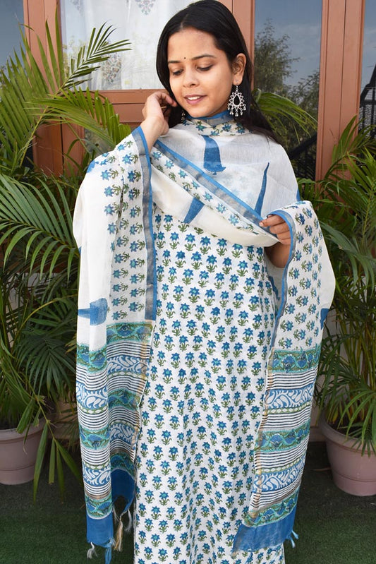 Hand Block Print Cotton kurta fabric with Chanderi dupatta - no bottom