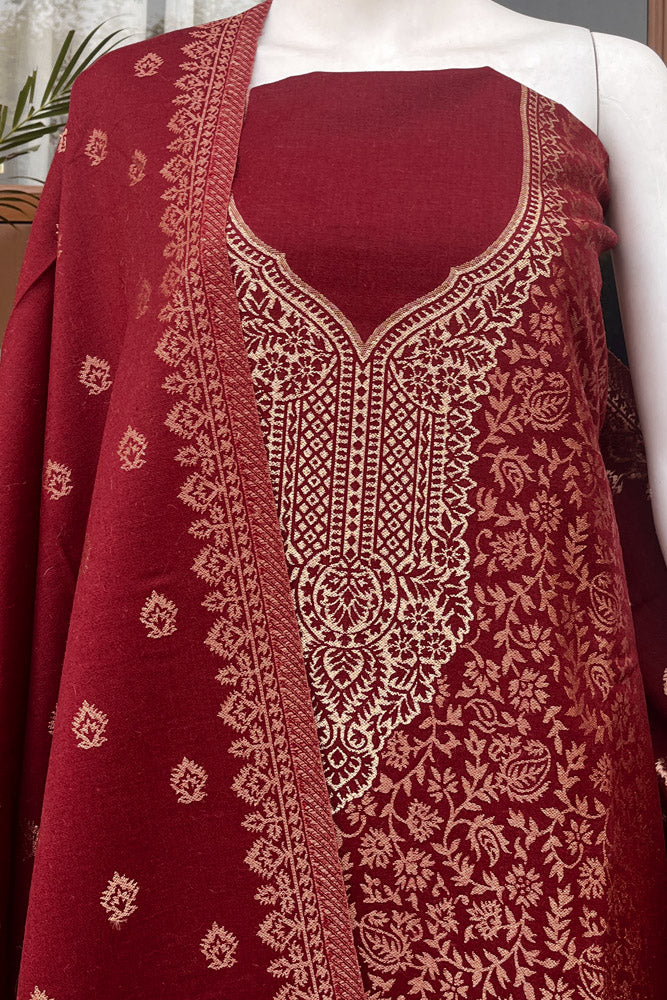Beautiful Woolen Suit fabric & Stole with All over Copper, Silver & Gold Zari weaving