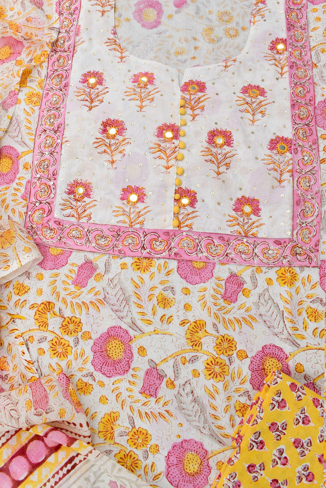 Beautiful Cotton Unstitched Suit Fabric with Embroidery, sequin & mirror work & Mul cotton dupatta