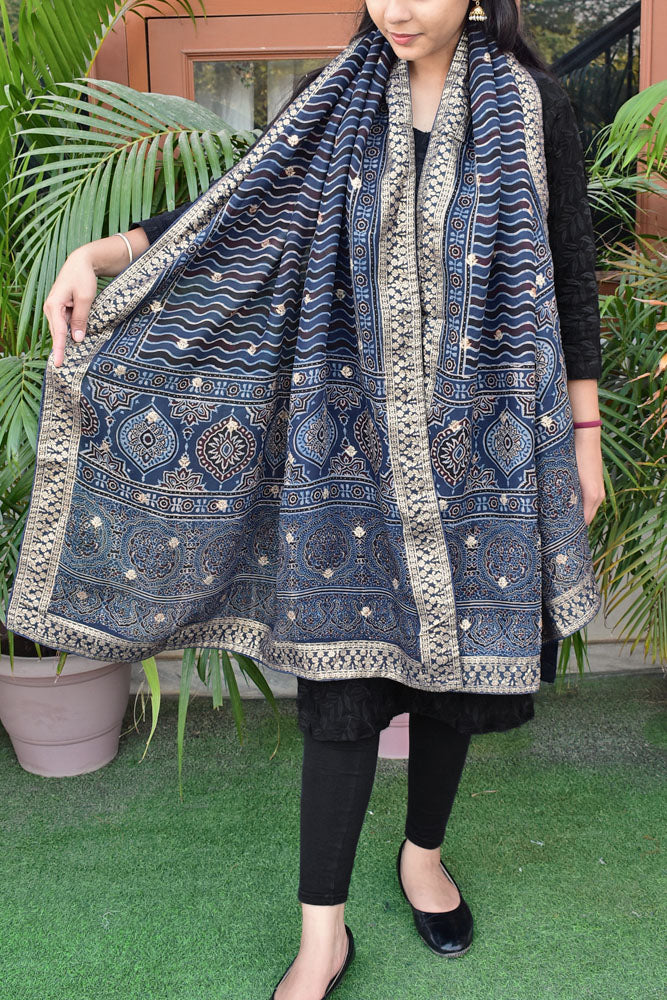 Elegant Ajrakh Hand Block Print Organza Dupatta/ Stole with Woven bootis and borders