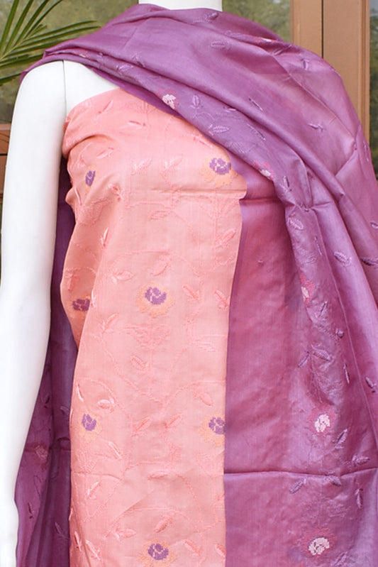 Elegant Tussar Silk Unstitched suit with Embroidered Kurta and Dupatta & blended silk bottom