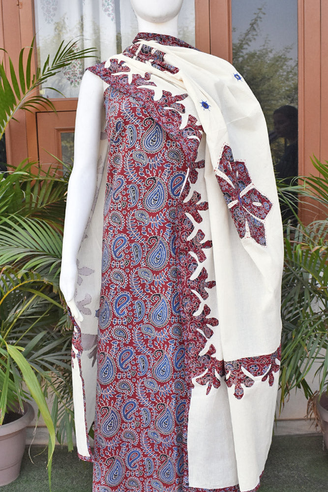 Beautiful Ajrakh kurta fabric with Hand Applique Patch work dupatta