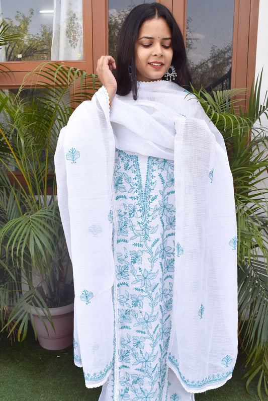 Elegant Kota Kurta & Dupatta Set with intricate Lucknowi Hand Chikankari embroidery - thread color - Cyan green