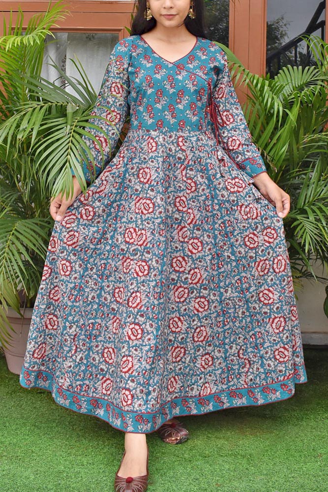 Beautiful Angrakha style Long Cotton Dress/ Kurti with side tie up strings Size -  38, 40, 42, 44