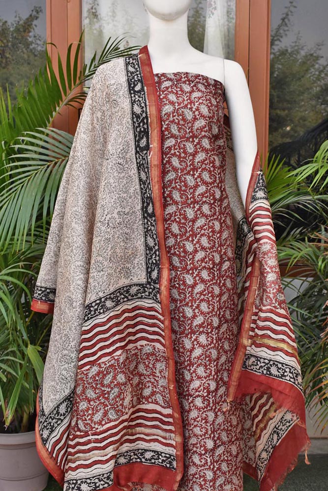 Brown -  3pc Bagru Print Chanderi Silk Unstitched Dress Material 01