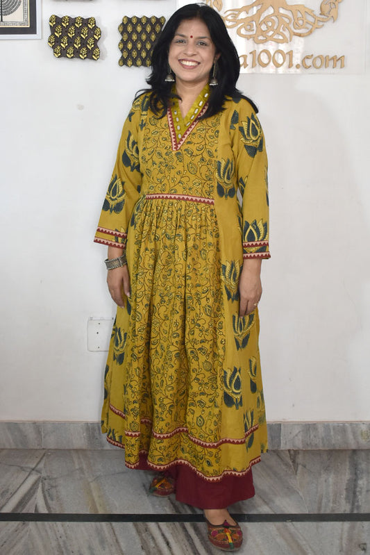 Designer Hand Block Printed Ajrakh cotton Kurta / Dress  With Mirror Work - Size 38 to 48 ( all sizes)