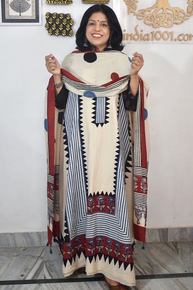 Block Print Ajrakh Cotton Suit with designer Ajrakh neck yoke /panel & Long Stole