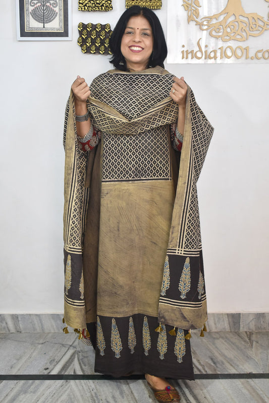 Block Print Ajrakh Cotton Suit with designer Ajrakh neck yoke /panel & Long Stole