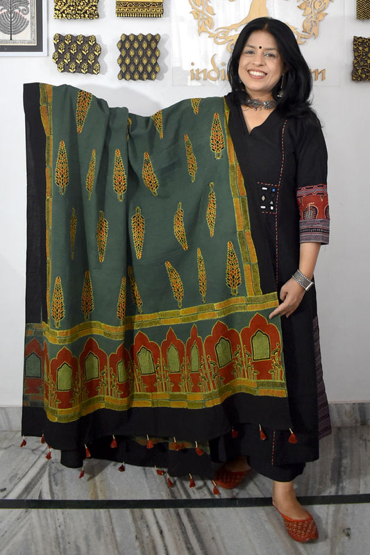 Ajrakh Hand Block Printed Cotton Dupatta with Tassels & natural dyes