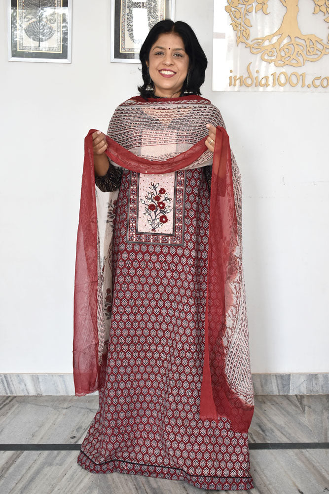 Beautiful  Cotton Unstitched Suit with  Neck patch, Intricate Hand Embroidery & Block print chiffon dupatta