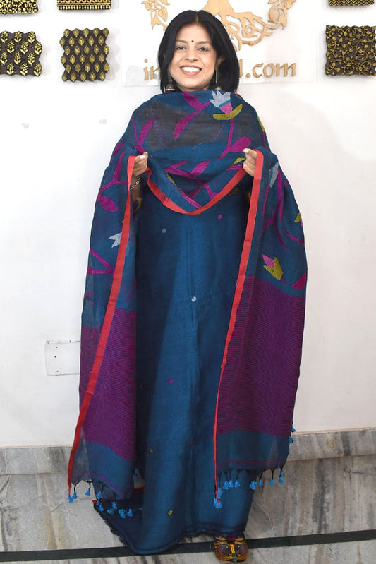 Kalakriti : Beautiful Hand Woven Soft Linen Jamdani Kurta Fabric & Dupatta set