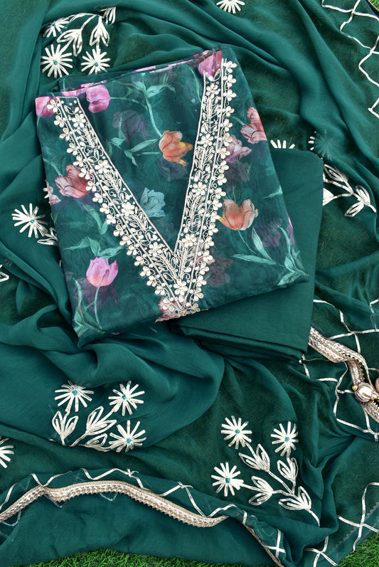 Beautiful Organza unstitched suit fabric with Gota Patti Work, Hand embroidery & Chiffon dupatta with Gota Work