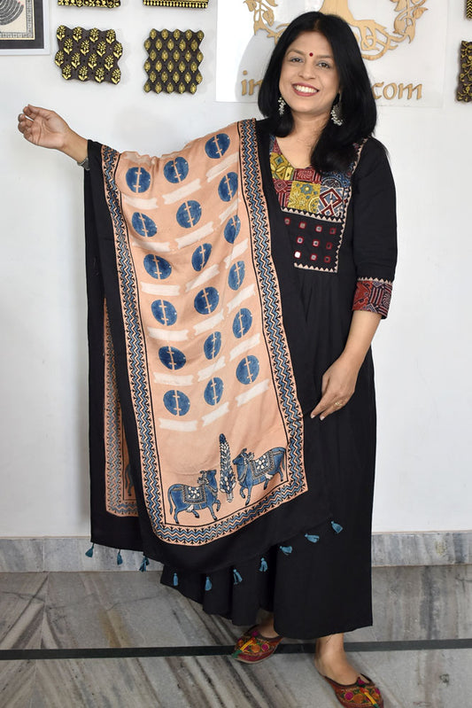 Beautiful Hand Block Printed Ajrakh Modal Silk stole with Tassels