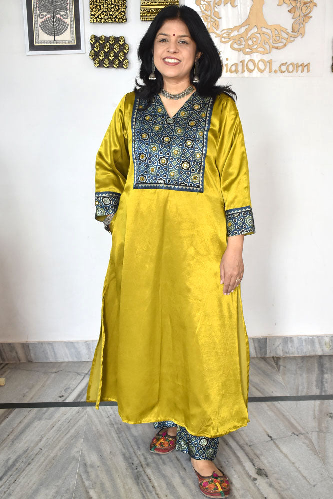 Beautiful Mashru Silk Kurta with Ajrakh patch Kutch & mirror work size with Mashru pant - 38 - 48