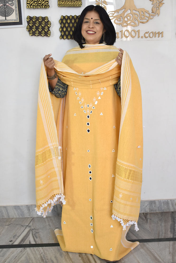 Premium Handwoven Kala Cotton Bhujodi suits with Mirror and Miri work - 3 pc set